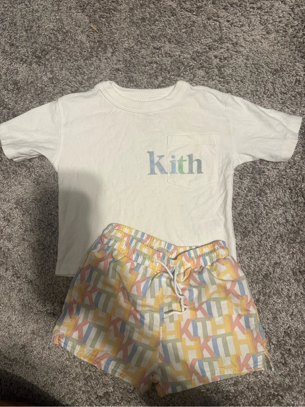 Kith White Tee with Pastel Multi-Color Logo & Matching Pastel Shorts